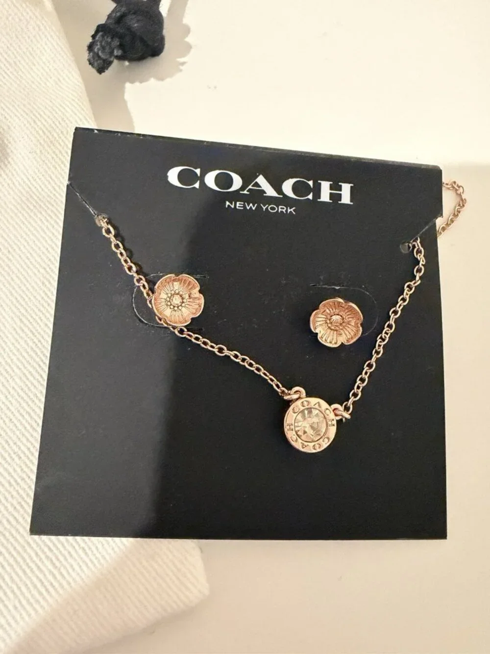 Coach Poppy Tea Rose Gold Earring and Necklace Set NWT